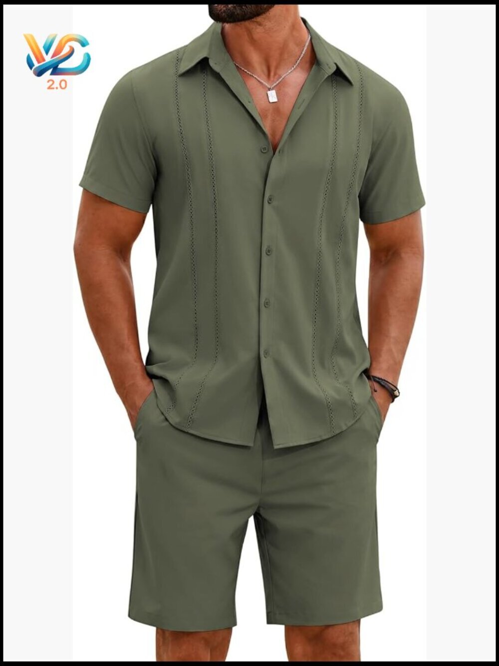 Men's 2 Piece Cuban Guayabera Short Sleeve Shirt and Shorts Summer Outfit Set